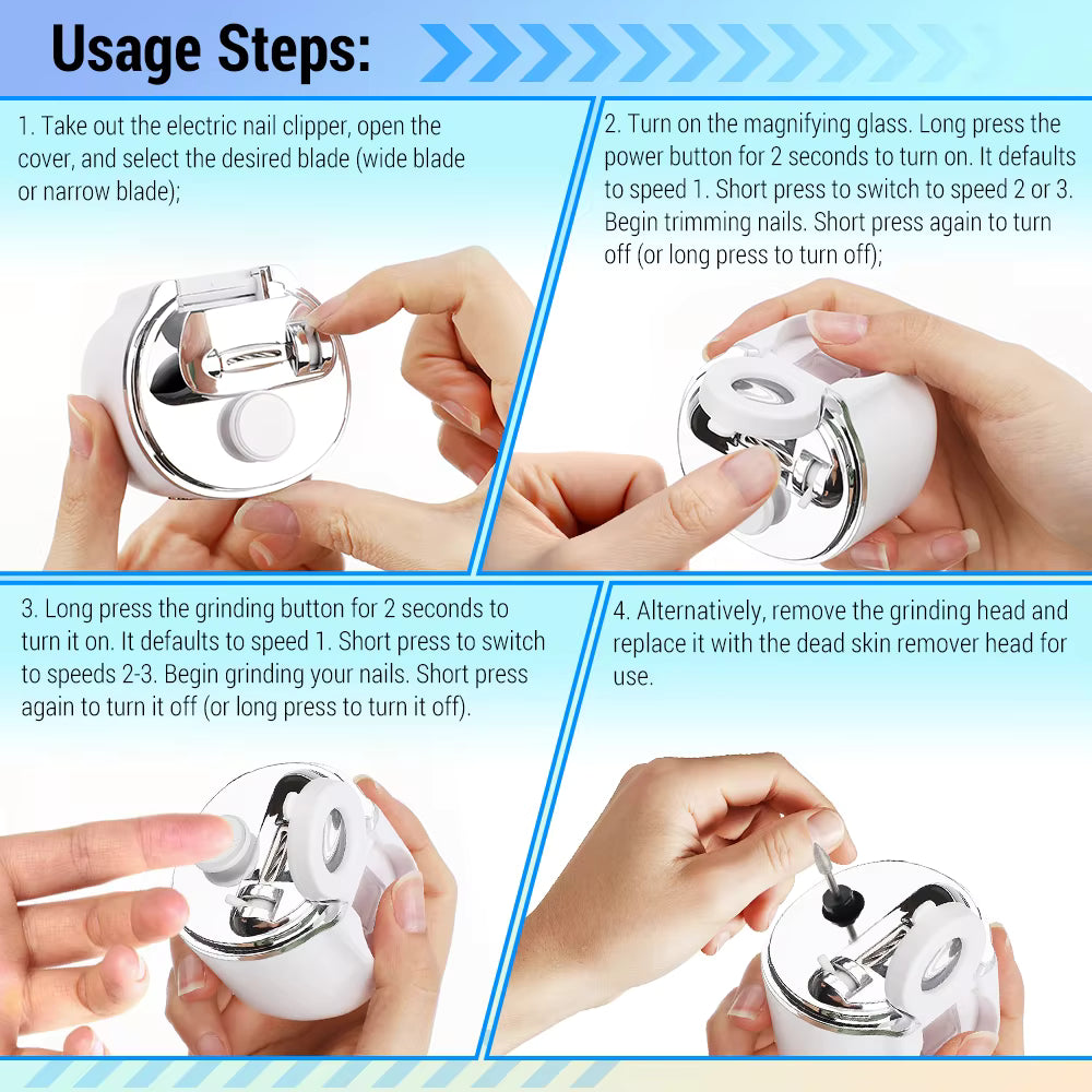 Electric Dual-Blade Nail Clipper with Magnifier & LED Light